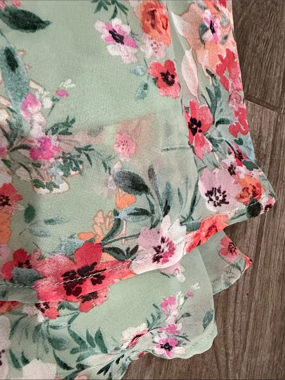 Lily Rose Mint Floral Puff-Sleeve Dress with Pink & Coral Blooms